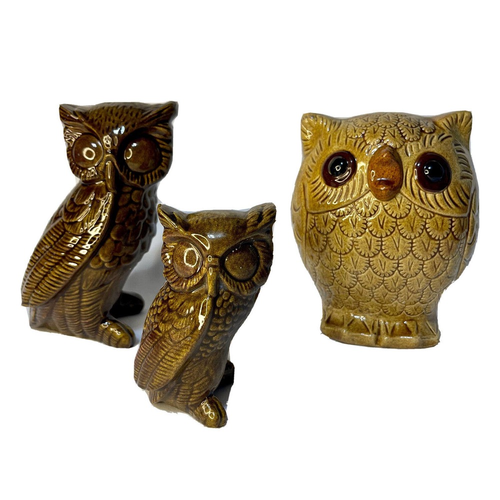 Vintage Mid Century Modern Owl Collection Figurines Set Three Brown & Yellow